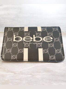 Bebe Paisley Flap Black and Cream Logo Crossbody